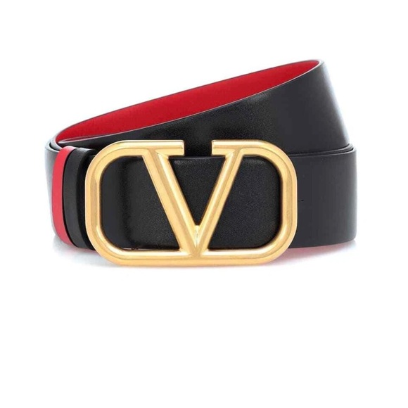 VALENTINO GARAVANI RÉVERSIBLE Widest Black & Red Leather Belt with Gold V Buckle - Picture 16 of 17